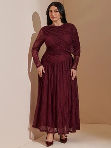 SHEIN BAE CURVE 大尺碼酒紅色長袖不對稱蕾絲洋裝，適合雞尾酒會、晚宴、正式商務場合、優雅秋季婚禮 - 酒紅色 - 查看 9