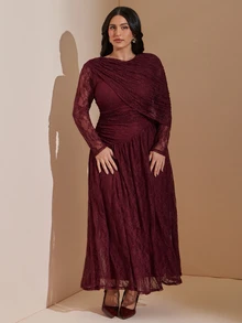 SHEIN BAE CURVE 大尺碼酒紅色長袖不對稱蕾絲洋裝，適合雞尾酒會、晚宴、正式商務場合、優雅秋季婚禮 - 酒紅色 - 查看 6