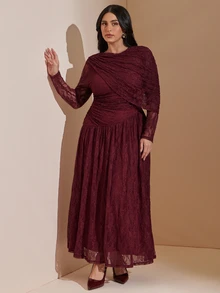 SHEIN BAE CURVE 大尺碼酒紅色長袖不對稱蕾絲洋裝，適合雞尾酒會、晚宴、正式商務場合、優雅秋季婚禮 - 酒紅色 - 查看 4