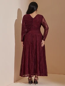 SHEIN BAE CURVE 大尺碼酒紅色長袖不對稱蕾絲洋裝，適合雞尾酒會、晚宴、正式商務場合、優雅秋季婚禮 - 酒紅色 - 查看 3