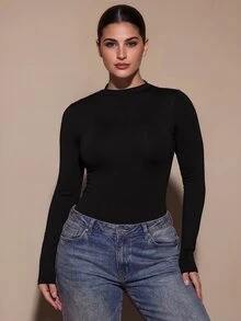 SHEIN BAE CURVE بودي نسائي مقاس كبير باللون الأسود بأكمام طويلة - قطعة أساسية متعددة الاستخدامات لطبقات الخريف والشتاء، تتميز بأسلوب مثير وحشوات صدر مدمجة. - الأسود - مشاهدة 3