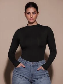 SHEIN BAE CURVE بودي نسائي مقاس كبير باللون الأسود بأكمام طويلة - قطعة أساسية متعددة الاستخدامات لطبقات الخريف والشتاء، تتميز بأسلوب مثير وحشوات صدر مدمجة. - الأسود - مشاهدة 5