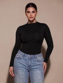 SHEIN BAE CURVE بودي نسائي مقاس كبير باللون الأسود بأكمام طويلة - قطعة أساسية متعددة الاستخدامات لطبقات الخريف والشتاء، تتميز بأسلوب مثير وحشوات صدر مدمجة. - الأسود - مشاهدة 6