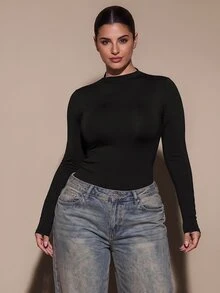 SHEIN BAE CURVE بودي نسائي مقاس كبير باللون الأسود بأكمام طويلة - قطعة أساسية متعددة الاستخدامات لطبقات الخريف والشتاء، تتميز بأسلوب مثير وحشوات صدر مدمجة. - الأسود - مشاهدة 7