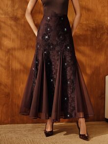 Anewsta Women's Fall/Winter Elegant French Dark Brown High Waist Ruffle Layered Chiffon Skirt For Party Wedding Guest Ceremony - Coffee Brown - View 1