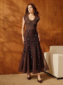 Anewsta Women's Fall/Winter Elegant French Dark Brown High Waist Ruffle Layered Chiffon Skirt For Party Wedding Guest Ceremony - Coffee Brown - View 5