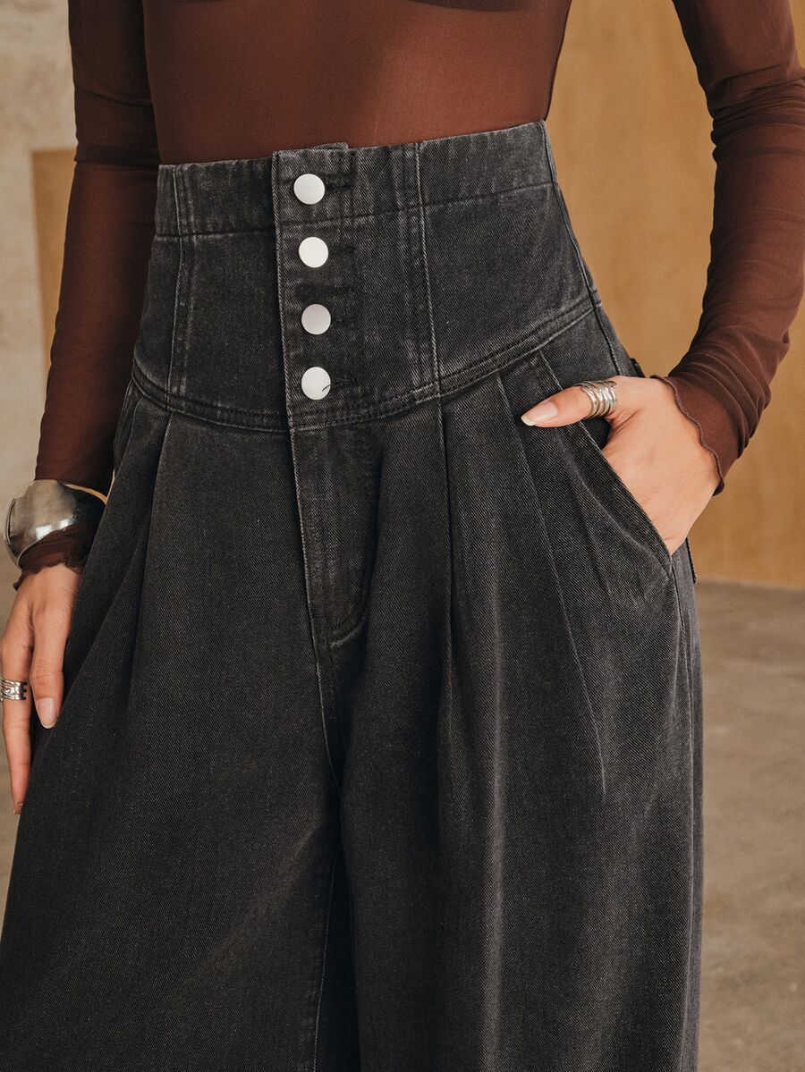 Anewsta Women's Fall Casual Streetwear Dark Wash Button Front Pocket High Waist Wide Leg Denim Jeans - Black - View 1
