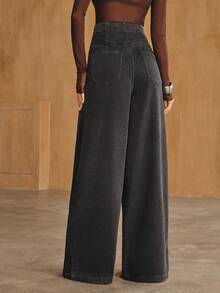 Anewsta Women's Fall Casual Streetwear Dark Wash Button Front Pocket High Waist Wide Leg Denim Jeans - Black - View 6