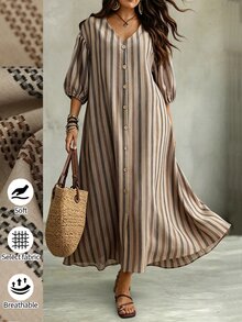 Linhara CURVE Plus-Size Autumn Midi Dress: Comfortable, Breathable, Faux Cotton-Linen Blend Featuring Stripes, Embroidery, And A Slimming, Casual Bohemian Style - Blue and White - View 1