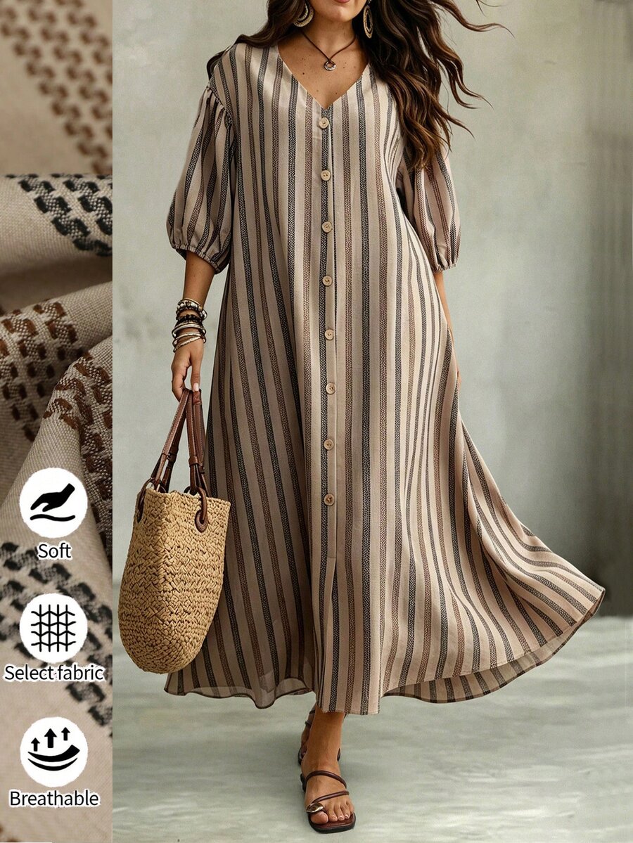 Linhara CURVE Plus-Size Autumn Midi Dress: Comfortable, Breathable, Faux Cotton-Linen Blend Featuring Stripes, Embroidery, And A Slimming, Casual Bohemian Style - Blue and White - View 1