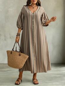 Linhara CURVE Plus-Size Autumn Midi Dress: Comfortable, Breathable, Faux Cotton-Linen Blend Featuring Stripes, Embroidery, And A Slimming, Casual Bohemian Style - Blue and White - View 4