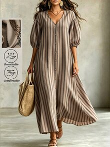 Linhara CURVE Plus-Size Autumn Midi Dress: Comfortable, Breathable, Faux Cotton-Linen Blend Featuring Stripes, Embroidery, And A Slimming, Casual Bohemian Style - Blue and White - View 6