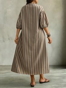 Linhara CURVE Plus-Size Autumn Midi Dress: Comfortable, Breathable, Faux Cotton-Linen Blend Featuring Stripes, Embroidery, And A Slimming, Casual Bohemian Style - Blue and White - View 2