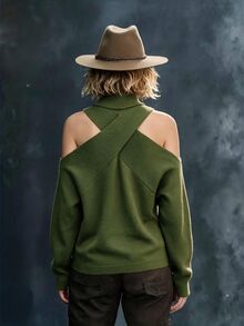 Hotletica Sweater Rajut Wanita Model Pullover Leher Tinggi Warna Polos Premium untuk Musim Gugur/Dingin, Model Halter Neck, Pakaian Rajut yang Indah dan Unik - Hijau Tentara - View 2