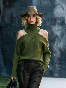 Hotletica Sweater Rajut Wanita Model Pullover Leher Tinggi Warna Polos Premium untuk Musim Gugur/Dingin, Model Halter Neck, Pakaian Rajut yang Indah dan Unik - Hijau Tentara - View 1