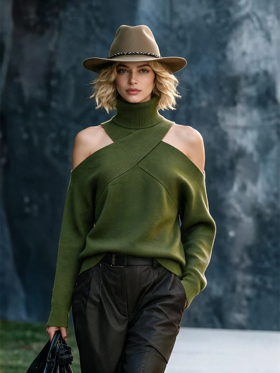 Hotletica Sweater Rajut Wanita Model Pullover Leher Tinggi Warna Polos Premium untuk Musim Gugur/Dingin, Model Halter Neck, Pakaian Rajut yang Indah dan Unik - Hijau Tentara - View 1