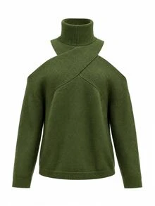 Hotletica Sweater Rajut Wanita Model Pullover Leher Tinggi Warna Polos Premium untuk Musim Gugur/Dingin, Model Halter Neck, Pakaian Rajut yang Indah dan Unik - Hijau Tentara - View 3