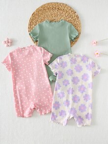 Cozy Pixies 女婴三件套：花卉条纹针织柔软圆领短袖连体衣和短裤 - 彩色 - 查看 2