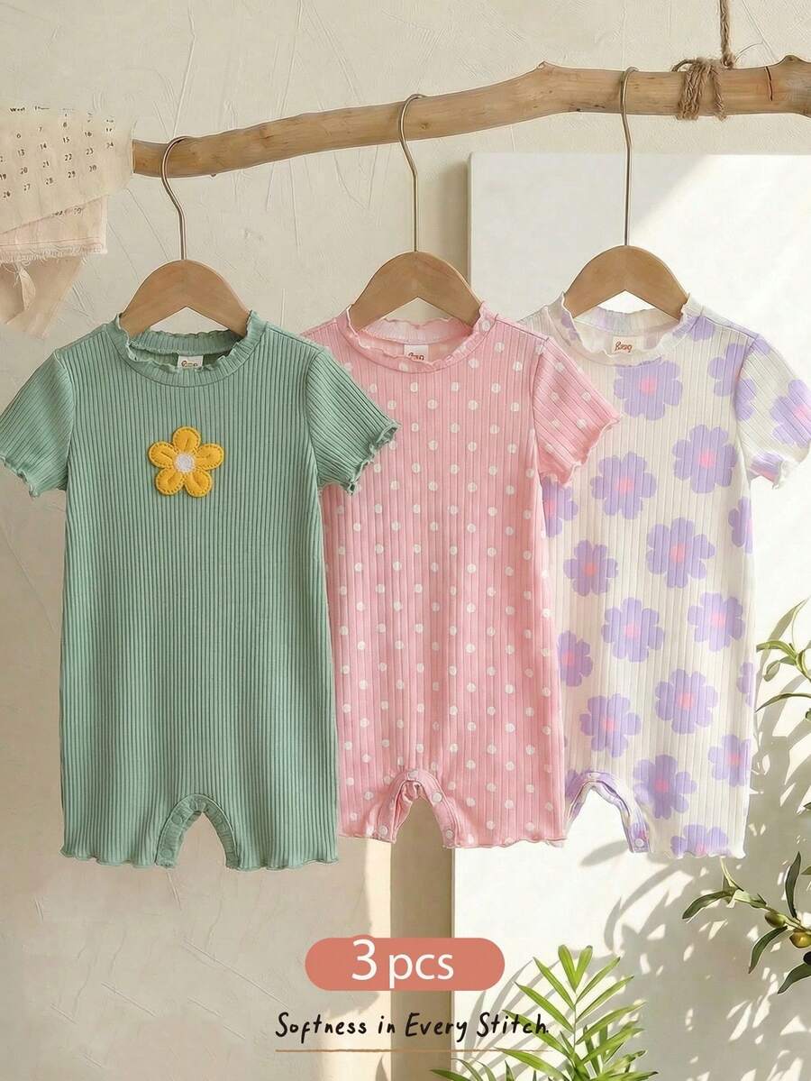 Cozy Pixies 女婴三件套:花卉条纹针织柔软圆领短袖连体衣和短裤 - 彩色 - 查看 1