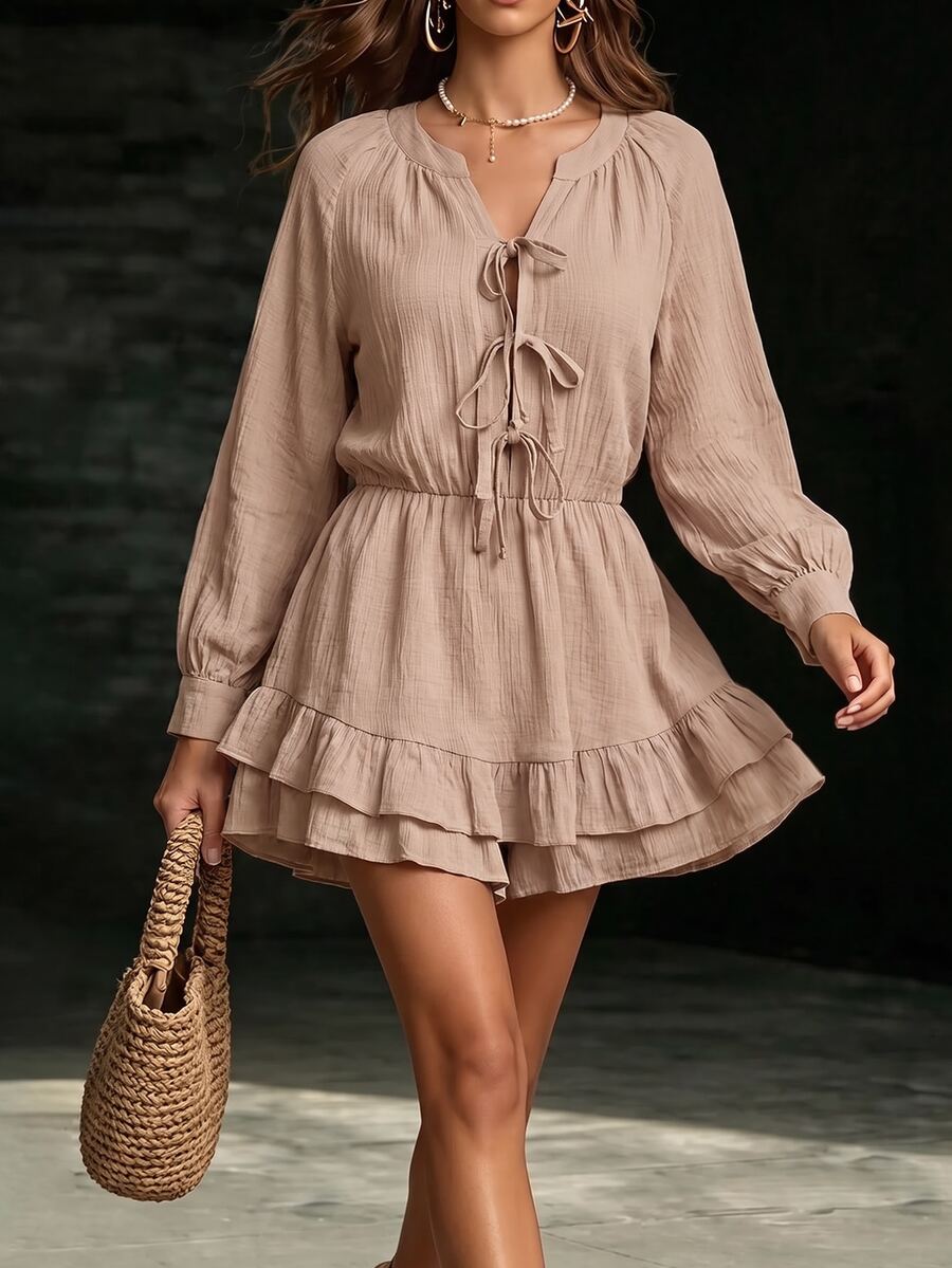 Breezaya Bowknot Strap Ruffled Hem Layered Dress Fall Cloth For Women - Khaki - View 1