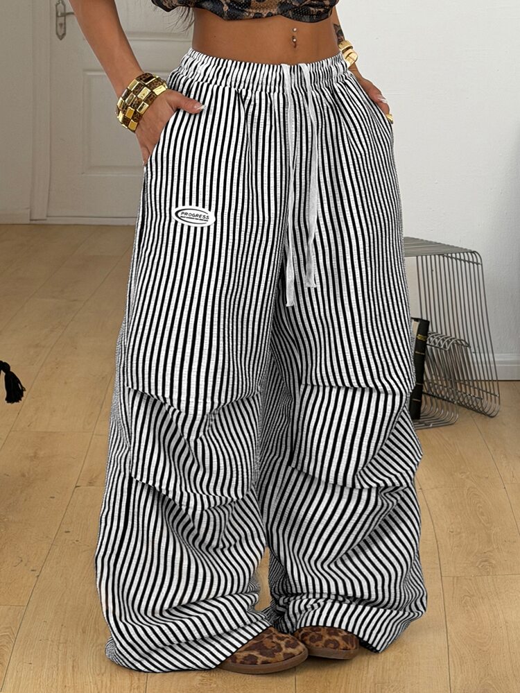 Coolane Autumn For Women Streetwear Casual Festival Vintage Basic Black And White Checkered Striped Wide Leg Pants Holiday Birthday City Break - Black and White - View 1
