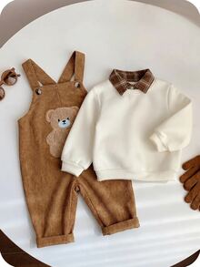 Baby Boy Cartoon Bear Pattern Corduroy Romper - Brown - View 5