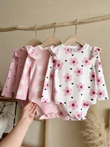 SHEIN 3件組女嬰針織波點愛心花卉圖案短袖連身衣，適合秋冬冬季內著 - 彩色 - 查看 5