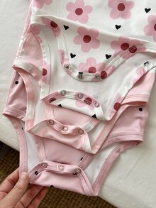 SHEIN 3件組女嬰針織波點愛心花卉圖案短袖連身衣，適合秋冬冬季內著 - 彩色 - 查看 4