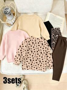 Toddler Girls Leopard Print Heart Butterfly Rabbit Bear Graphic Crew Neck Sweatshirt & Leggings 3 Sets, Fall Casual - Multicolor - View 3