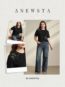 Anewsta 春夏秋大尺碼女款優雅珠飾刺繡 95%棉黑色短袖圓領修身T恤，適合日常穿著 - 黑色 - 查看 7