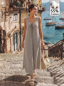 Sylviya Casual French European Tropical Women's Summer Vacation Cotton Brown Plaid Plaid Dress Fall Casual Dress For Women ,Going Out Dress - Multicolor - View 5