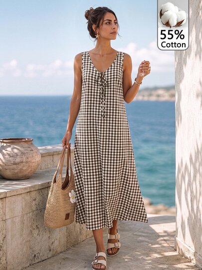 Sylviya Vestido casual tropical de verano para mujer de algodón a cuadros marrones, vestido casual de otoño para mujer