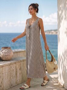 Sylviya Casual French European Tropical Women's Summer Vacation Cotton Brown Plaid Plaid Dress Fall Casual Dress For Women ,Going Out Dress - Multicolor - View 7