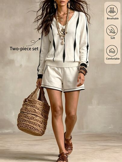 SHEIN Women's New V-Neck Black White Color Block Striped Long Sleeve Sweater 2 Pieces Outfit, Casual Daily Commuter Matching Sweater Set