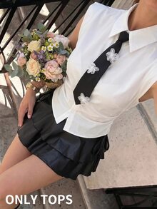 SHEIN MOD Plus Size Summer White Blouse With Necktie, Back To School Office Graduation Wear, Going Out Tops, Bachelorette, Back-To-School, Work Elegant 1920s - White - View 4