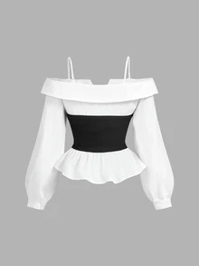 SHEIN MOD 大码女士优雅黑白露肩上衣，简约时尚，休闲日常穿搭，街头风，办公场合，长袖上衣，新年优雅上衣，哥特风，外出上衣，派对上衣，女士休闲上衣，嘉年华，夏季上衣 - 黑與白 - 查看 4