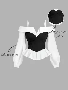 SHEIN MOD 大码女士优雅黑白露肩上衣，简约时尚，休闲日常穿搭，街头风，办公场合，长袖上衣，新年优雅上衣，哥特风，外出上衣，派对上衣，女士休闲上衣，嘉年华，夏季上衣 - 黑與白 - 查看 10