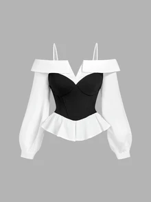 SHEIN MOD 大码女士优雅黑白露肩上衣，简约时尚，休闲日常穿搭，街头风，办公场合，长袖上衣，新年优雅上衣，哥特风，外出上衣，派对上衣，女士休闲上衣，嘉年华，夏季上衣 - 黑與白 - 查看 3
