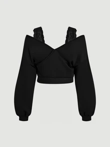 SHEIN MOD Plus Size Women's Solid Color Contrast Lace Off-Shoulder Long Sleeve Sweatshirt Fall - Black - View 1