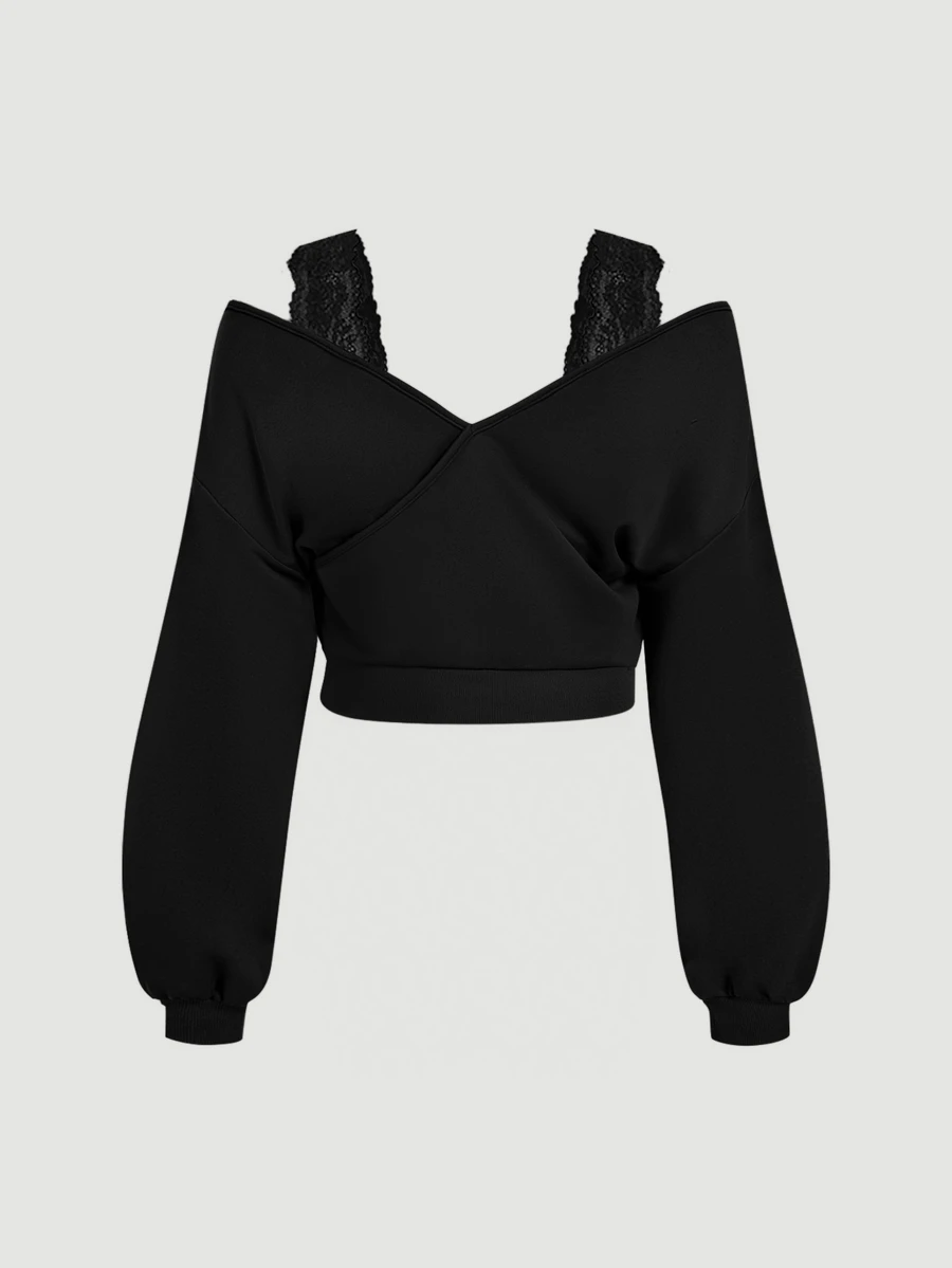 SHEIN MOD Plus Size Women's Solid Color Contrast Lace Off-Shoulder Long Sleeve Sweatshirt Fall - Black - View 1
