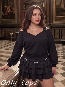SHEIN MOD Plus Size Women's Solid Color Contrast Lace Off-Shoulder Long Sleeve Sweatshirt Fall - Black - View 8