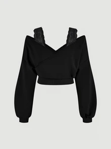 SHEIN MOD Plus Size Women's Solid Color Contrast Lace Off-Shoulder Long Sleeve Sweatshirt Fall - Black - View 2