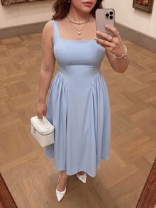 SHEIN MOD 加大码蓝色细肩带连衣裙，后背蝴蝶结装饰，正式活动礼服，女式蓝色露背蝴蝶结长裙，夏季蓝色连衣裙，毕业礼服，女士早午餐服装，飘逸连衣裙，紧身胸衣连衣裙 - 藍色 - 查看 5