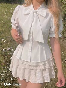 SHEIN MOD Plus Size White Bowknot Neckline Shirt With Pearl Buttons Detail And Puff Sleeves Design - White - View 6