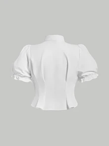 SHEIN MOD Plus Size White Bowknot Neckline Shirt With Pearl Buttons Detail And Puff Sleeves Design - White - View 4
