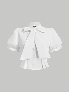 SHEIN MOD Plus Size White Bowknot Neckline Shirt With Pearl Buttons Detail And Puff Sleeves Design - White - View 3