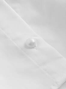 SHEIN MOD Plus Size White Bowknot Neckline Shirt With Pearl Buttons Detail And Puff Sleeves Design - White - View 5