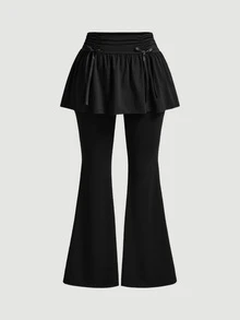 SHEIN MOD Rok Mini Berkerut Gaya Balet Ukuran Plus dengan Hiasan Pita, Celana Panjang Lebar 2 in 1 untuk Musim Gugur - Hitam - View 1