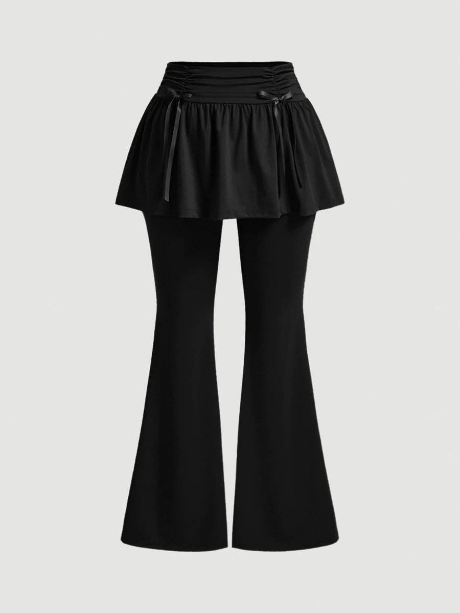 SHEIN MOD Rok Mini Berkerut Gaya Balet Ukuran Plus dengan Hiasan Pita, Celana Panjang Lebar 2 in 1 untuk Musim Gugur - Hitam - View 1