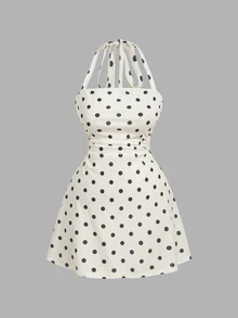 SHEIN MOD Gaun Mini Halter Motif Polkadot Wanita - Aprikot - View 3